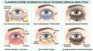 Le occhiaie non sono tutte uguali. Possono dipendere da pigmentazione, vasi sanguigni visibili, pelle sottile, perdita di volume o ombre create dal solco lacrimale.