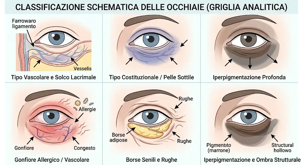 Le occhiaie non sono tutte uguali. Possono dipendere da pigmentazione, vasi sanguigni visibili, pelle sottile, perdita di volume o ombre create dal solco lacrimale.